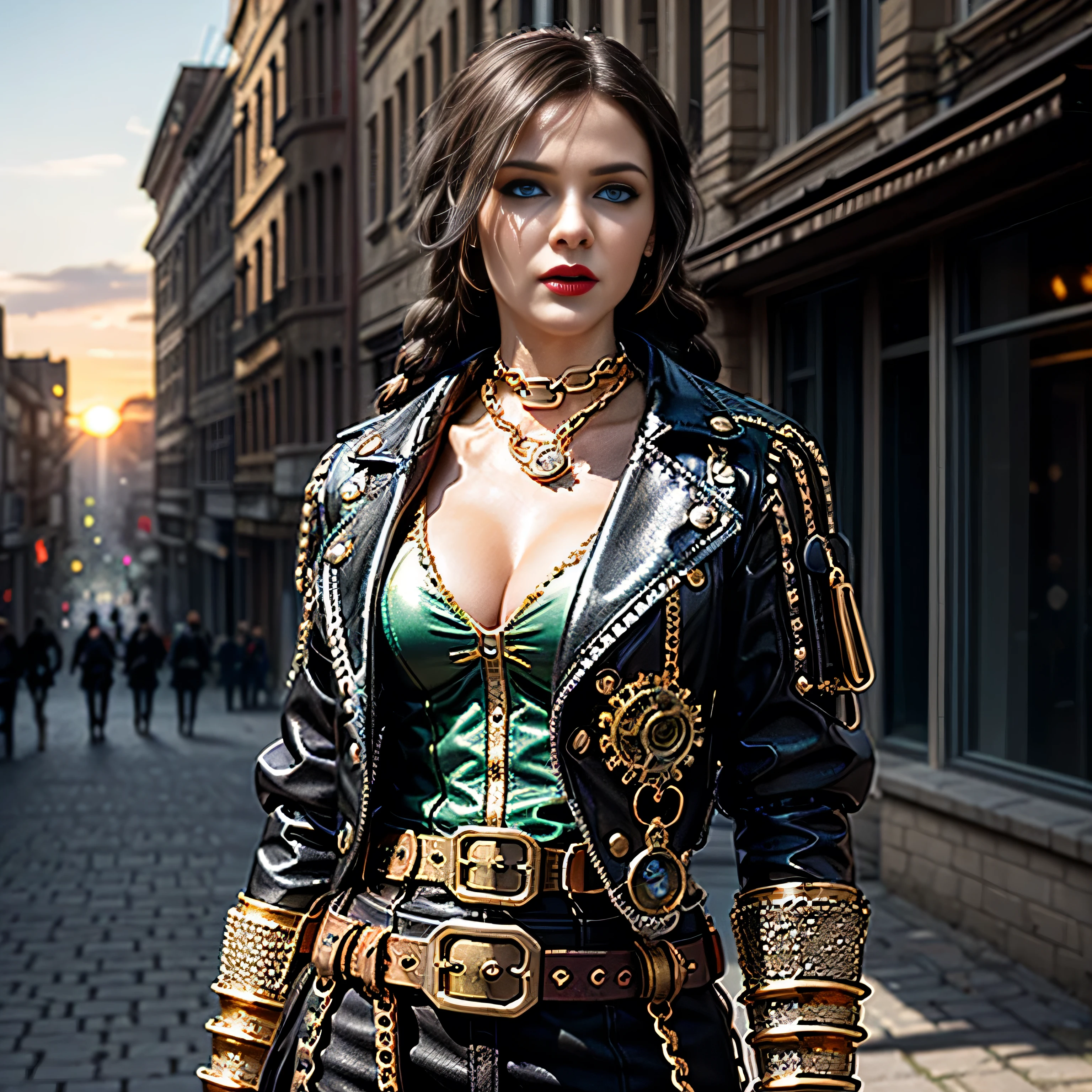 ((masterpiece, photorealistic:1.4, extremely intricate:1.3, photon mapping, radiosity, physically based rendering, ultra resolution, hyper-realistic, photorealistic:1.4, hyper-realistic, 8K)), (((athletic female assassin, long straight side braids, windy [black hair:bright ginger hair:0.7], (([flat chest:medium breasts:0.8], (serrated sword))), ((makeup:1.2, perfectchainmail, gold steampunk, black jacket, clockwork belt), red lips, bright sunlight, sunset, red silk shirt)))), outdoors, metal reflections, ((((futuristic apocalyptic city destroyed)))), professional photograph, soft focus, dramatic, award winning, cinematic lighting, volumetrics (film grain, blurry background, blurry foreground, bokeh, depth of field), BREAK, (([clear eyes:blue eyes:0.4]))