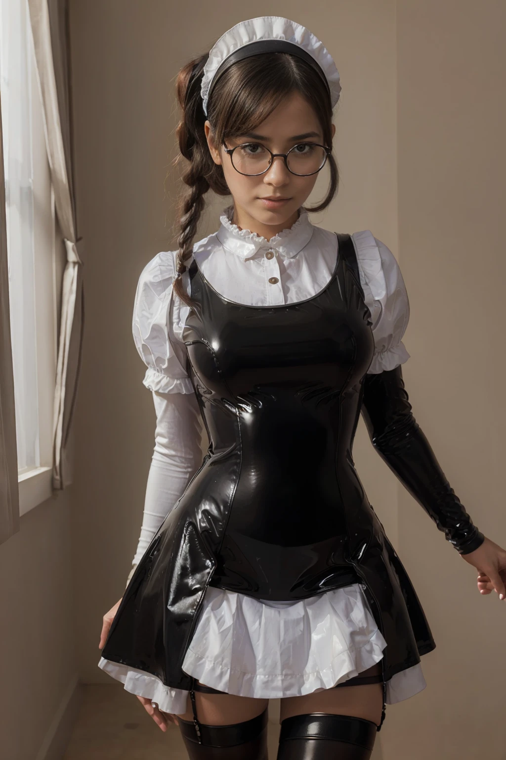 (Best Quality,High resolution:1.2), Ultra-detailed, Realistic portrait, (cloth maid outfit), long black pigtails, (large round black rimmed glasses), (latex stockings), cute face, full body