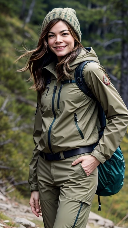Michelle Monaghan dressed in hiking gear and smiling
