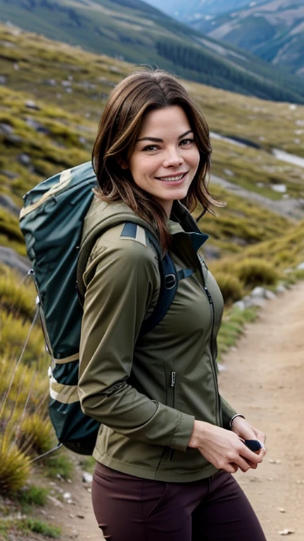 Michelle Monaghan dressed in hiking gear and smiling