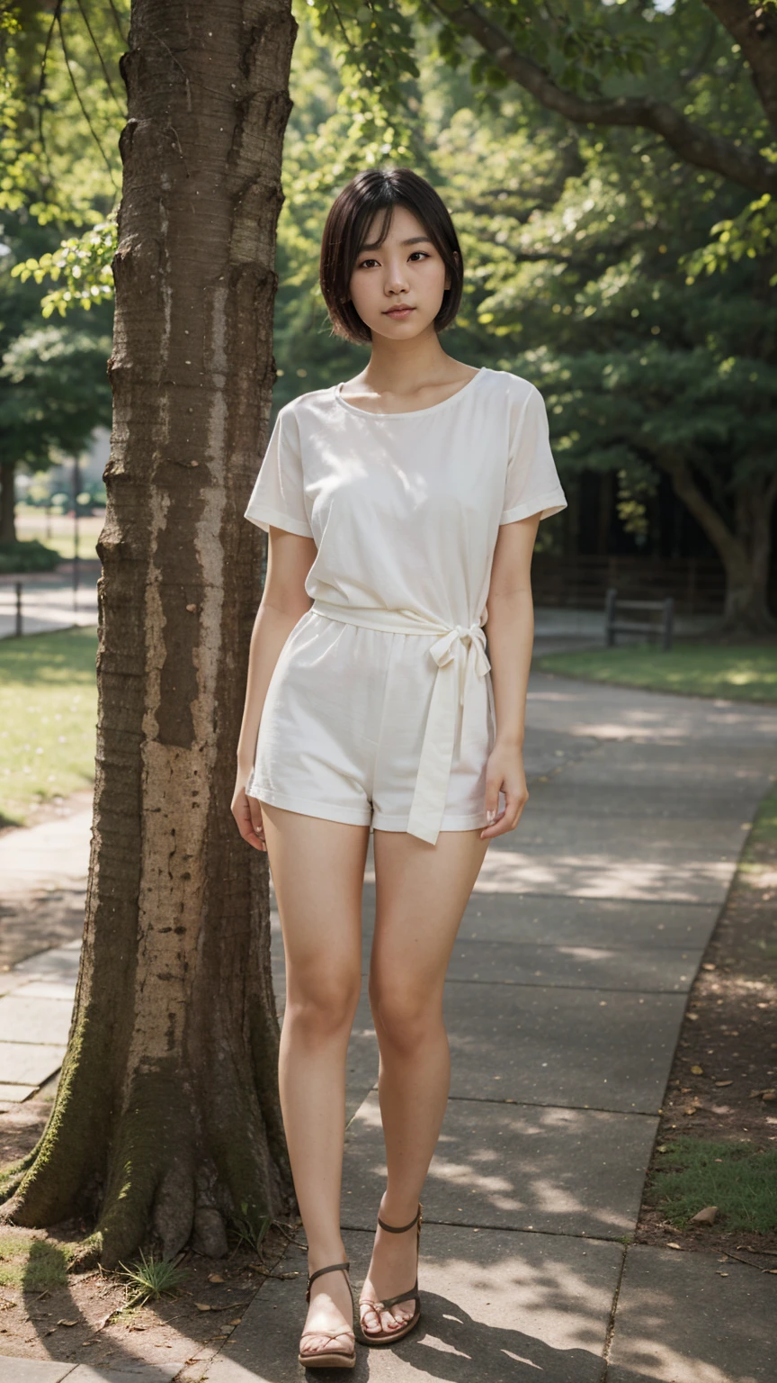 A photorealistic portrait of a 22-year-old Japanese woman with short hair a tall stature, dressed in summer clothing, full body shot, 8k hdr, highly detailed, featuring a natural, approachable expression with soft, natural lighting in a park setting.