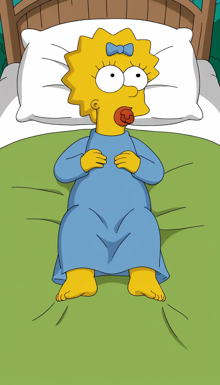 score_8, score_9, BREAK, 1 girl, solo, maggie, yellow skin,hair bow, blue dress, pacifier, outdoors, adorable, natural lighting, lies on bed, lies on back, spread pussy, Ahegao, falda levantada, sin fondo, pechos pequeños, desnuda