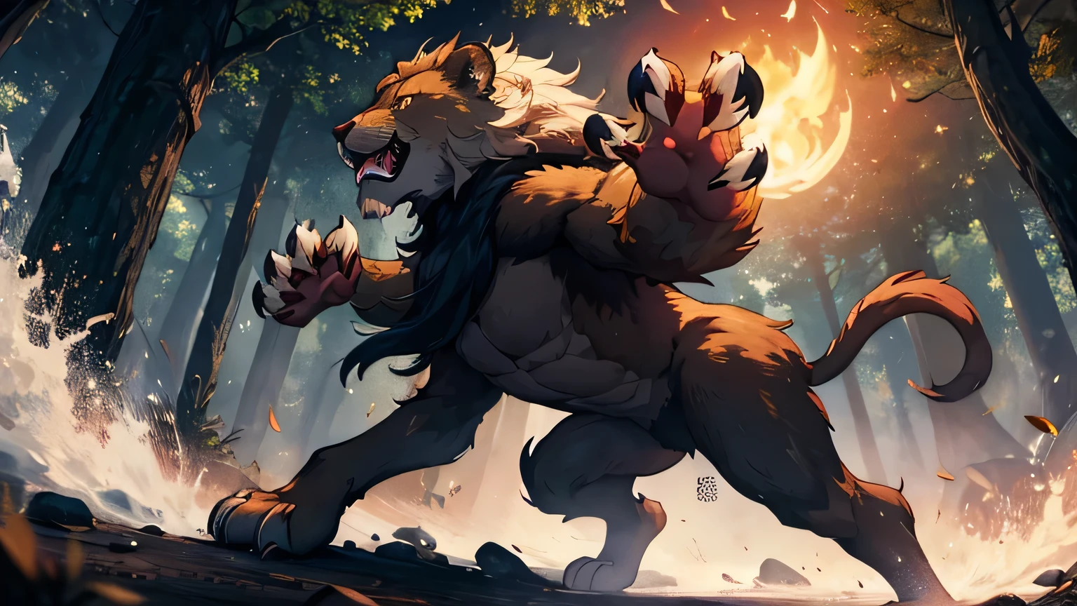 motion scene of lion paw with claws attacking in the air with violence, dark forest background