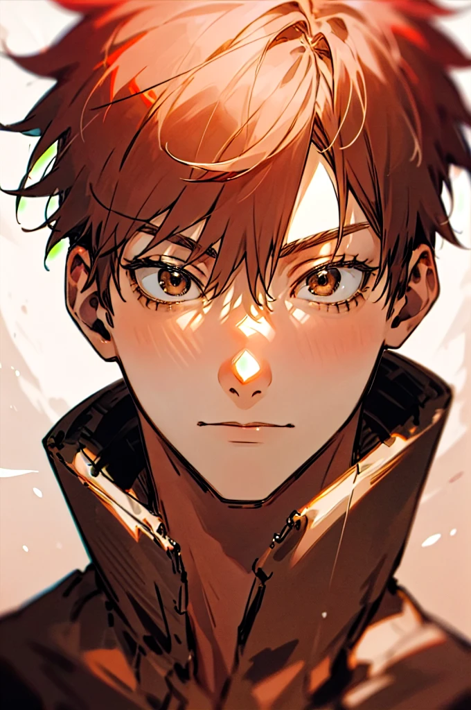 1 man,Satoru Gojo,pale red hair,short hair,hair between eyes,Brown eyes,black eyelashes, relaxed facial expression