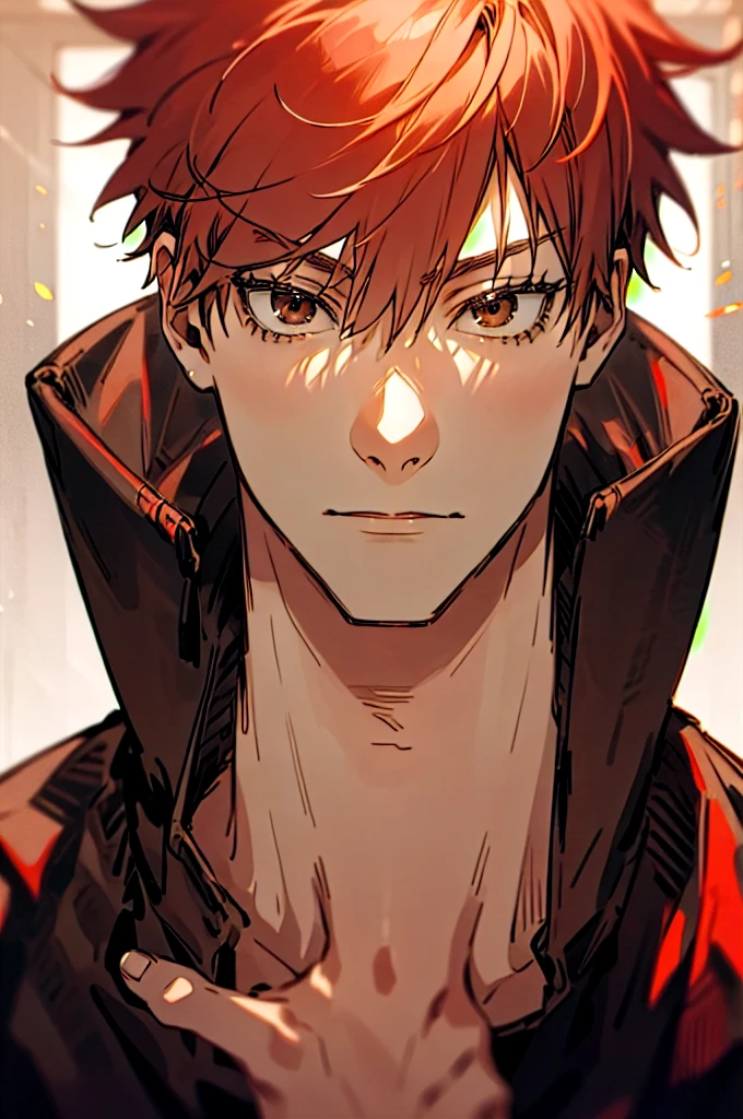 1 man,Satoru Gojo,pale red hair,short hair,hair between eyes,Brown eyes,black eyelashes, relaxed facial expression