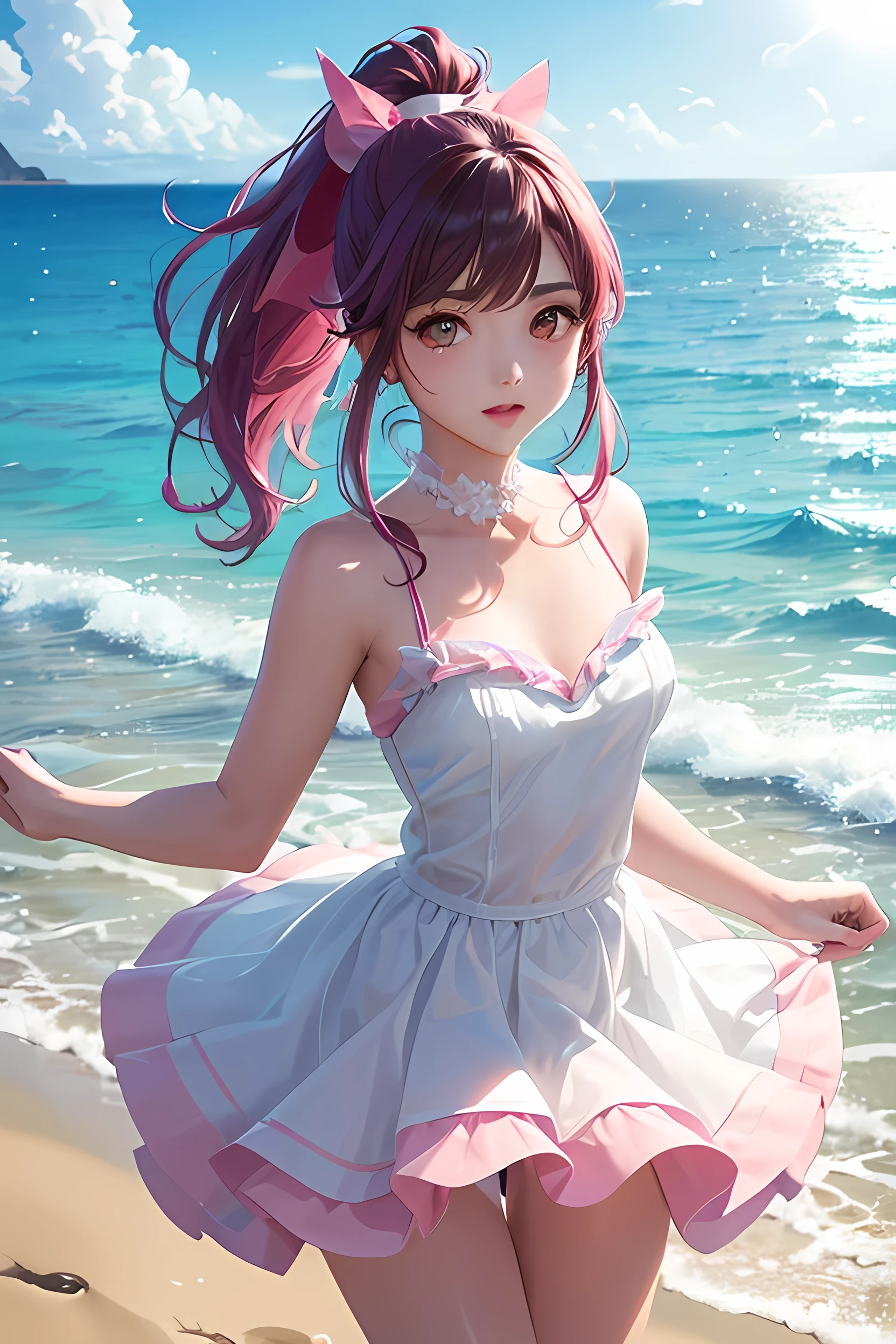 (Highest quality、Highest quality、Masterpiece、Very delicate、Very detailed、Exquisite、16K、Full HD)、1 female、(water着のようなwater色のフレアミニスカートドレス、flower飾り、Skirt in the wind、ribbon、White frills)、Perfect body line、Glowing Skin、(Groomed eyebrows、Pink Lips、Brown eyes)、(Blue Hair、ponytail、Shiny Hair)、Dynamic Pose、Dramatic lighting、(Sandy Beach、Light、water、flower、Ocean)