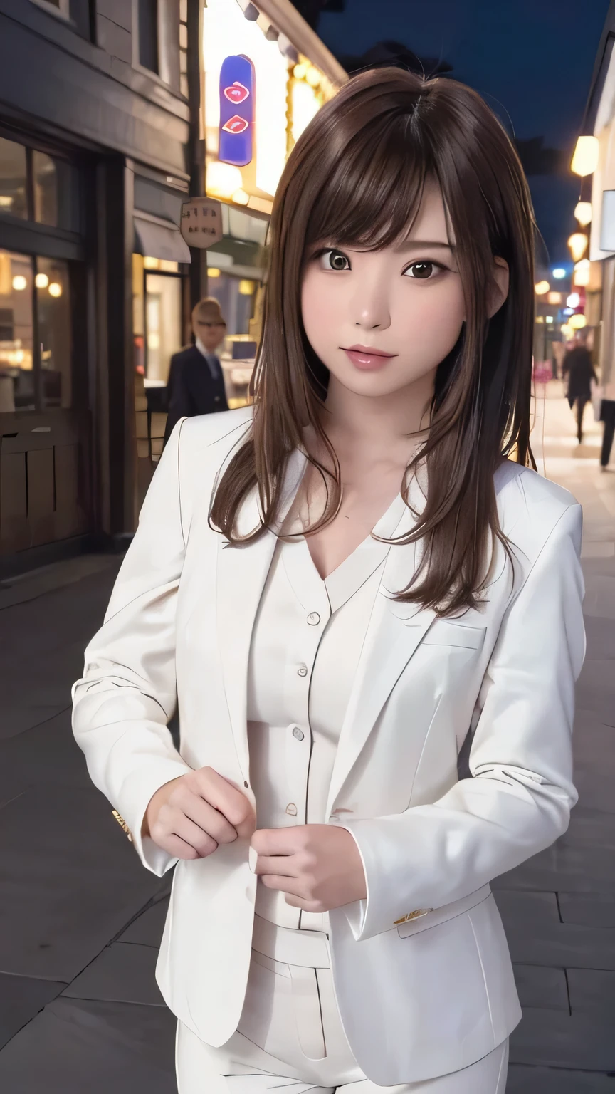 Purelos Face_v1, Highest quality, Realistic, 8K, High resolution, Full Color, One girl, woman, 20 years old woman, (Mouth closed:1.33), (Portraiture:0.6), wood, Dawn, ((Night downtown background:1.52)), Full Color, ((In a women's suit:1.88)), Office Casual、View your viewers:1.8, (One girl eyes View your viewers:1.55), (Medium Hair, Brown Hair, Parted bangs:1.35), (Bokeh),Enako、Enako、Enako