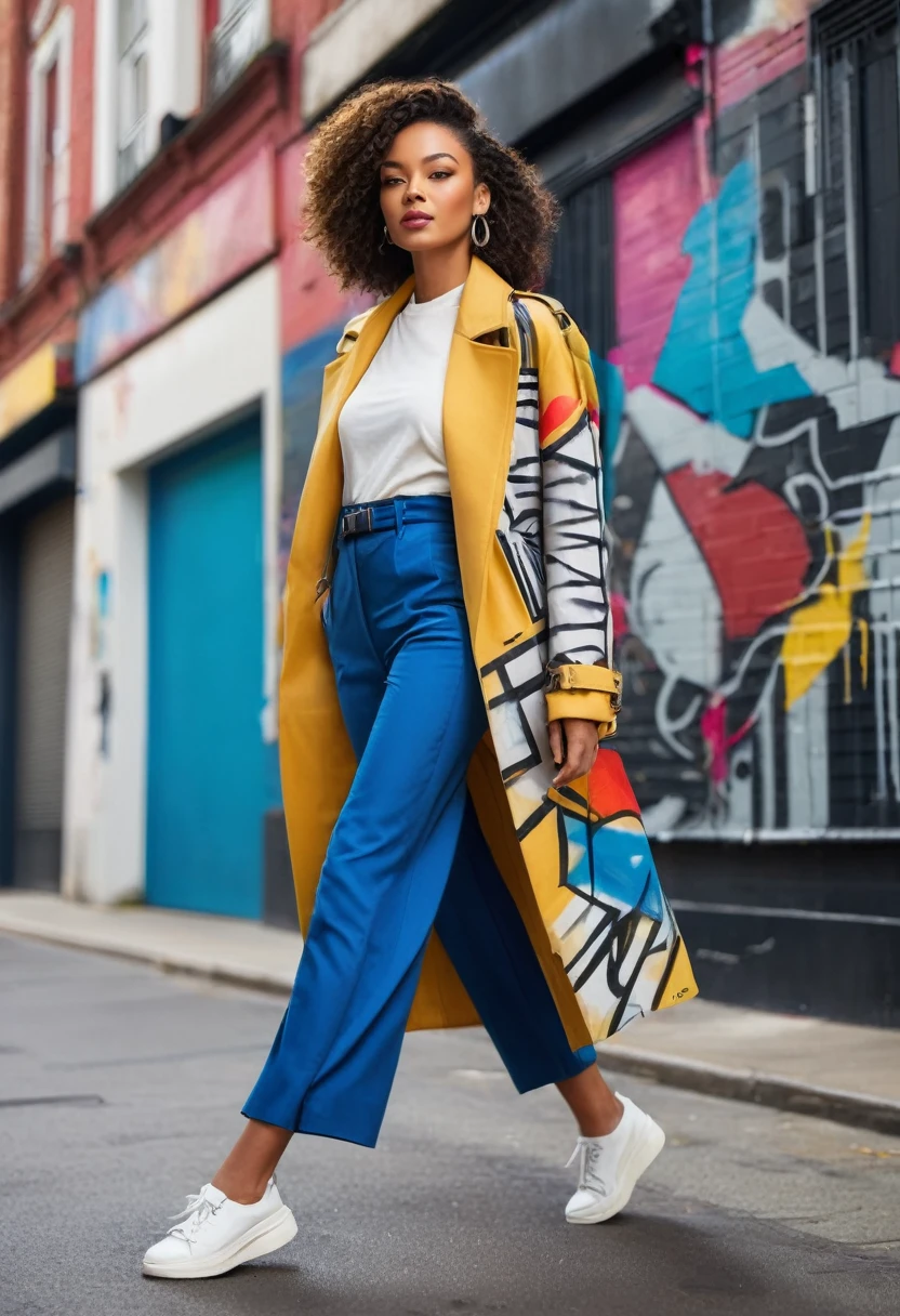 "A stylish young beautiful woman in a stylish outfit walking down city street. She exudes confidence and flair, with street art and urban architecture in the background. The photo captures the energy and vibrancy of street style fashion.", full length
