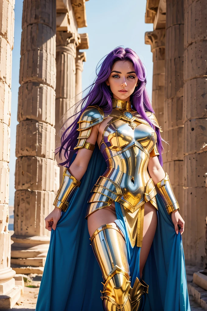 BEAUTIFUL PINK HAIR BOMBSHELL FEMALE GODDESS IN A LONG SPLIT BLUE DRESS, HUGE LONG HAIR, VOLUMOUS HAIR, WIND EFFECT, LIGHT GRAY EYES, PALE SKYN, HIGH CHEEKBONES, ROSY CHEEKS, MENTAL FORAMEN, SERIOUS FACE EXPRESSION, NECKLINE CLEAVAGE, LONG SPLIT BLUE DRESS, EXPOSED GORGEOUS THIGHS, GOLDEN DETAILS, GOLD HEADBAND, GOLD GAUNTLETS, LONG GOLDEN GAUNTLETS, GOLD CHOKE COLLAR, GOLD SANDALS, STRONG ATHLETIC BODY, MUSCLES, ARMS, DETAILED DELTOIDS, THICK GORGEOUS EXPOSED THIGHS, DETAILED QUADRICEPS, ABDOMEN, DEEP DESERT, ROCKY MOUNTAINS, SUN, BACKLIGHTS, MASTERPIECE, ACCURATE IMAGE