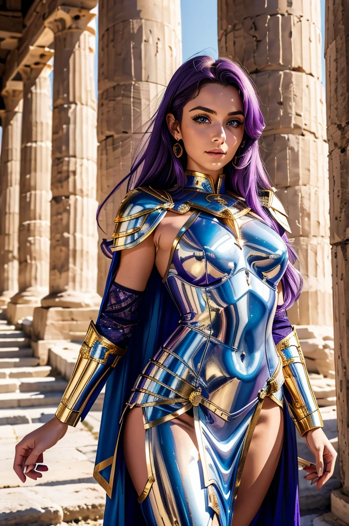one woman, 25 year old, Greek goddness, purple hairs, blue eyes, greece, ancien temple, perfect bosy, masterclass, HD, 8k, wearing an armor, gold armor, armure cisellée, zodiac armor design, mythological armor, white cape, dark enegy aura, in an ancient greek temple in ruins