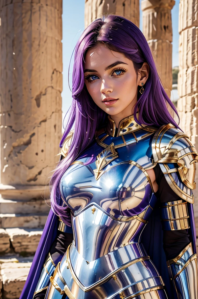 one woman, 25 year old, Greek goddness, purple hairs, blue eyes, greece, ancien temple, perfect bosy, masterclass, HD, 8k, wearing an armor, gold armor, armure cisellée, zodiac armor design, mythological armor, white cape, dark enegy aura, in an ancient greek temple in ruins