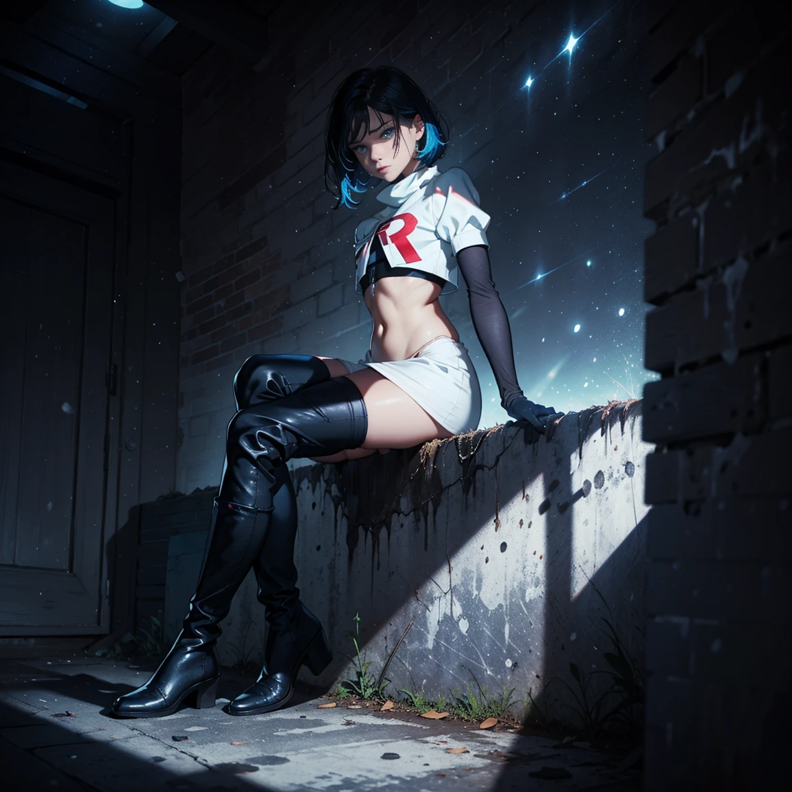 micaiah fe, short bob hair, black hair, blue eyes, fair skin, small breasts, glossy lips ,team rocket uniform, red letter R, white skirt, white crop top, black thigh-high boots, black elbow gloves, serious face, looking down on viewer, sitting down ,legs crossed, naked sex, sex view, lots of cum on sex, full body, night sky background (very sexy body, detailed face, masterpiece, highly detailed, 8k, best quality, vibrant colors, digital art, concept art).