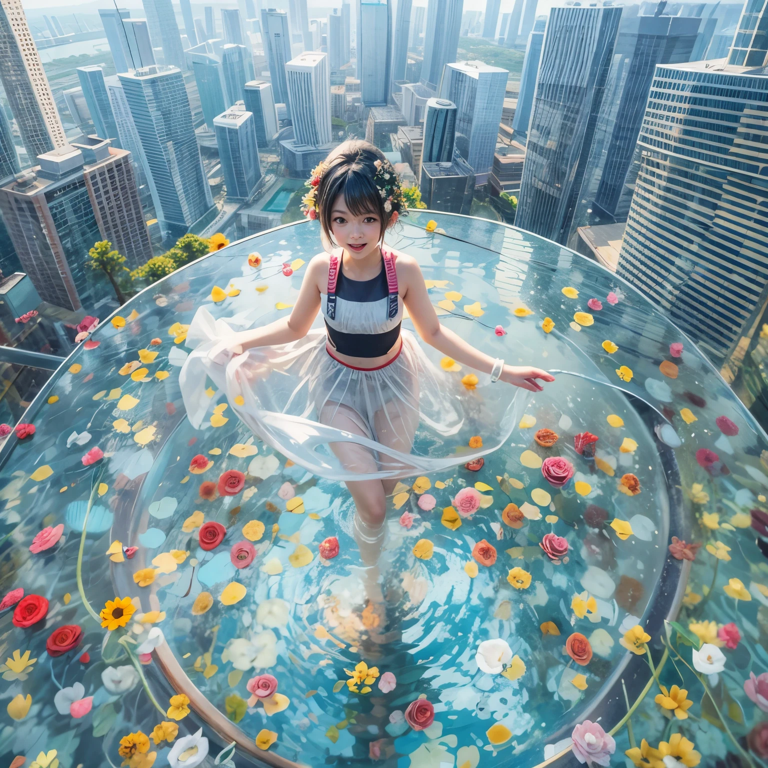 280th floor infinity pool，The tallest building in the urban forest, {Around bonsai|Luo Han Song|coconut palms|tulips|Rose flower}, ExtermlyDetaild(ProfessionlPhoto of Girl floating in the sky:1.37)(Masterpiece 8K TopQuality:1.2), ExtremelyDetailed KAWAII face Eyes{ElaboratePupils with (SparklingHighlights:1.28)|DoubleEyelids with (Voluminous LongEyelashes:0.88)|RosyCheeks} BREAK   Detailed impeccable Radiant PearlSkin with Transparency (Skinny SchoolSwimwear:1.37) beautiful graceful {HiddenHand|Corrected BabyLikeHand} (Whole Body Proportions and all limbs are Anatomically Accurate)