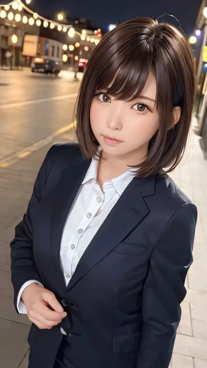 Purelos Face_v1, Highest quality, Realistic, 8K, High resolution, Full Color, One girl, woman, 20 years old woman, (Mouth closed:1.33), (Portraiture:0.6), wood, Dawn, ((Night downtown background:1.52)), Full Color, ((In a women's suit:1.88)), Office Casual、View your viewers:1.8, (One girl eyes View your viewers:1.55), (Medium Hair, Brown Hair, Parted bangs:1.35), (Bokeh),Enako、Enako、Enako