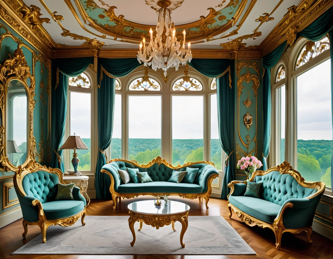 A sofa and a chair in a room with a large window, luxurious baroque rococo setting, Rococo style, ornate retreat, Rococo and Art Nouveau fusion, rococo architecture, ornate furniture, rococo and baroque styles, neo-rococo expressionist style, Rococo and Art Nouveau, Niagara Falls in the background, exquisitely ornate, rococo baroque, elegant and ornate