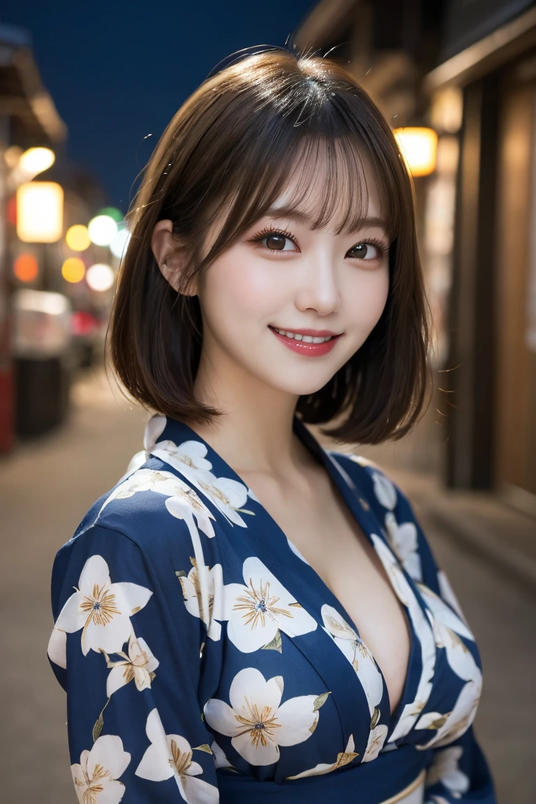Beautiful night view, Highest quality, shape, Very detailed, In detail, High resolution, 8k wallpaper, Perfect dynamic composition, Beautiful details, Natural Lip, Cute yukata , Big Breasts, Cleavage, She is randomly smiling in cute poses.., A masterpiece of the whole body,
