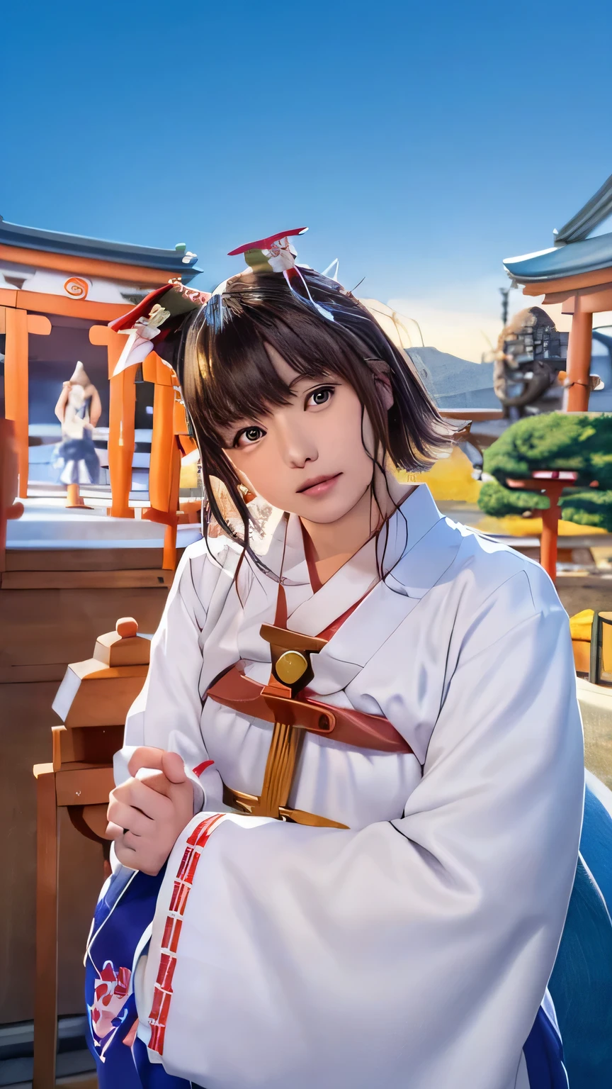 Purelos Face_v1, Highest quality, Realistic, 8K, High resolution, Full Color, One girl, woman, 20 years old woman, (Mouth closed:1.33), (Portraiture:0.6), wood, Dawn, ((Shrine Background:1.52)), Full Color, ((Shrine maiden appearance:1.88)), View your viewers:1.8, (One girl eyes View your viewers:1.55), (Medium Hair, Brown Hair, Parted bangs:1.35), (Bokeh),Enako、Enako、Enako