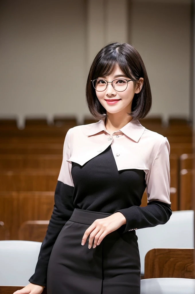 The charm of this product is its mature sexiness.、University lecture hall, university psychology associate professor, ((full body)), ((photo)), ((best qualtiy, 8K, tmasterpiece:1.3)), Focus:1.2, perfect figure beautiful woman:1.41woman, cowboy shot, look at viewer, eyes facing the camera, incredibly absurd, beautiful and cute woman with a photorealistic face, showcasing top-quality craftsmanship, A Japanese woman giving a lecture at a university lecture hall, 27 years old, with a bob cut and flipped hair, short bangs swept at an angle, smooth and shiny hair, natural hairline, fair and smooth skin, plump and healthy cheeks, large, jet black eyes, round eyes, long and upward-facing eyelashes, double eyelids, thin and straight eyebrows, small and round nose, plump lips, upturned corners of the mouth, charming smile, cute face, glamorous, well-balanced proportions, tall, beautiful D-cup breasts, silver-rimmed glasses, pink blouse, black tight skirt, fashion with a waist-marked silhouette, scarf, heeled shoes, vanilla perfume, beautiful, pretty older woman, glasses suit her, knowledgeable, playful, curious, smart, elegant, November