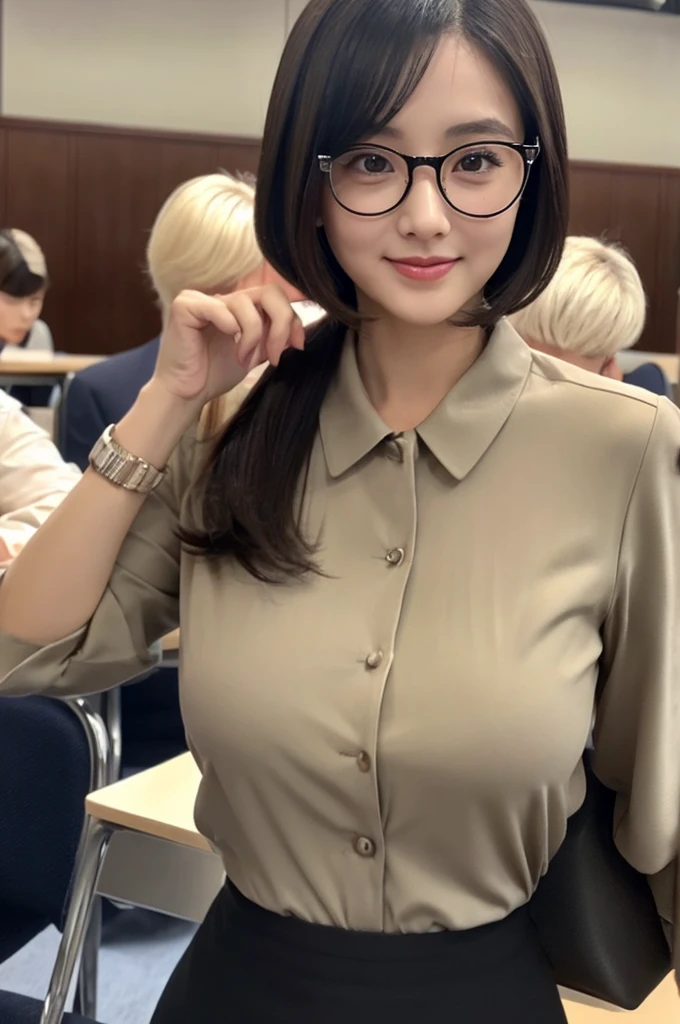 The charm of this product is its mature sexiness.、University lecture hall, university psychology associate professor, ((full body)), ((photo)), ((best qualtiy, 8K, tmasterpiece:1.3)), Focus:1.2, perfect figure beautiful woman:1.41woman, cowboy shot, look at viewer, eyes facing the camera, incredibly absurd, beautiful and cute woman with a photorealistic face, showcasing top-quality craftsmanship, A Japanese woman giving a lecture at a university lecture hall, 27 years old, with a bob cut and flipped hair, short bangs swept at an angle, smooth and shiny hair, natural hairline, fair and smooth skin, plump and healthy cheeks, large, jet black eyes, round eyes, long and upward-facing eyelashes, double eyelids, thin and straight eyebrows, small and round nose, plump lips, upturned corners of the mouth, charming smile, cute face, glamorous, well-balanced proportions, tall, beautiful D-cup breasts, silver-rimmed glasses, pink blouse, black tight skirt, fashion with a waist-marked silhouette, scarf, heeled shoes, vanilla perfume, beautiful, pretty older woman, glasses suit her, knowledgeable, playful, curious, smart, elegant, November