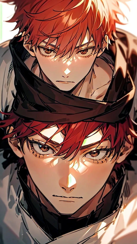 1 man,Satoru Gojo,pale red hair,short hair,hair between eyes,Brown eyes,black eyelashes, relaxed facial expression