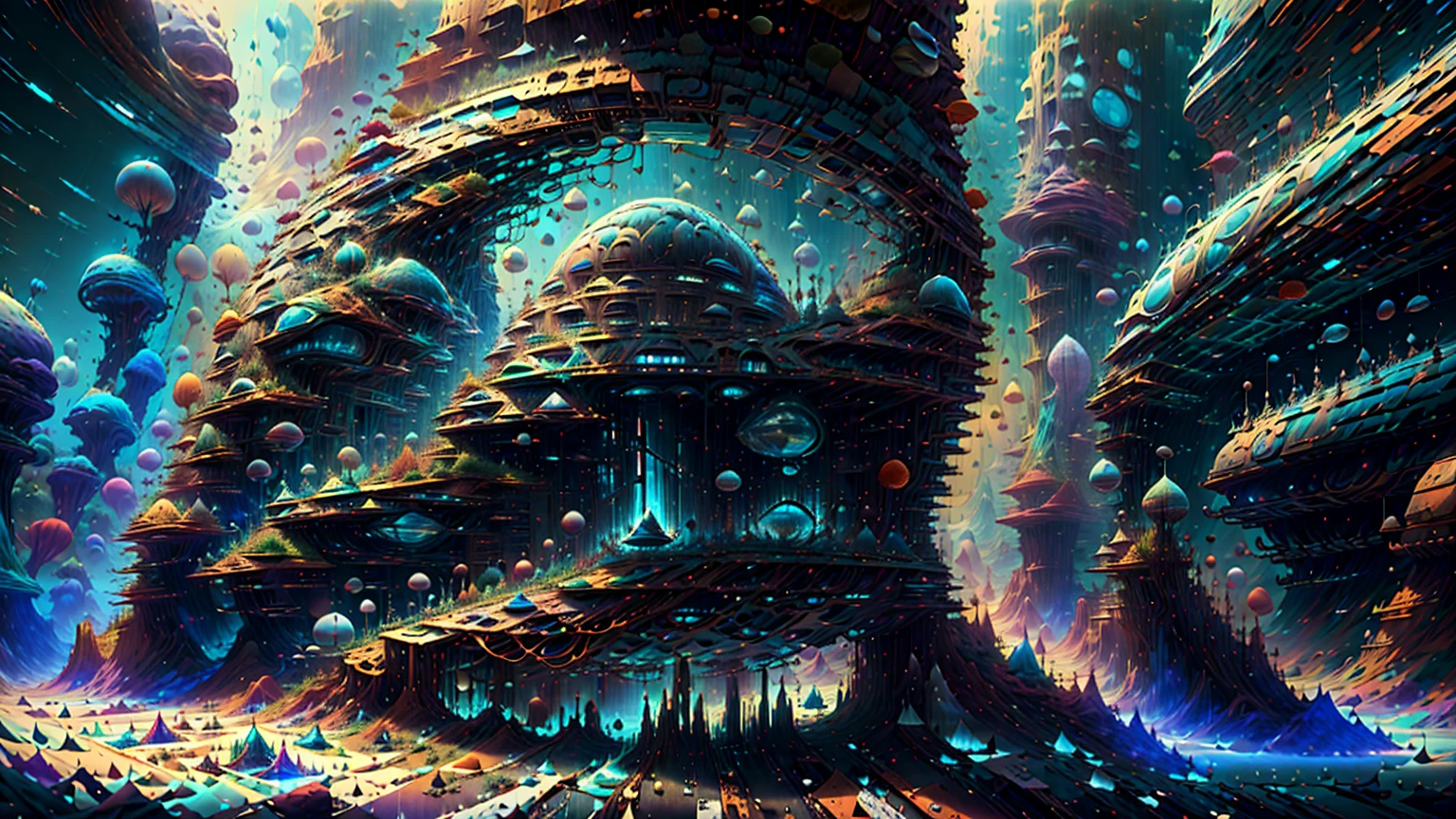 ((Best Pristine Quality Masterpiece, Hyperrealistic, Highest Possible Detail, Magnificent Resolution)); A Visually Gorgeous Abstract Expressionistic Radical Rainbow Experience Of An Extremely Fantastical Breathtaking Majestical Futuristic Hyperdimensional Extraterrestrial Cityscape. 