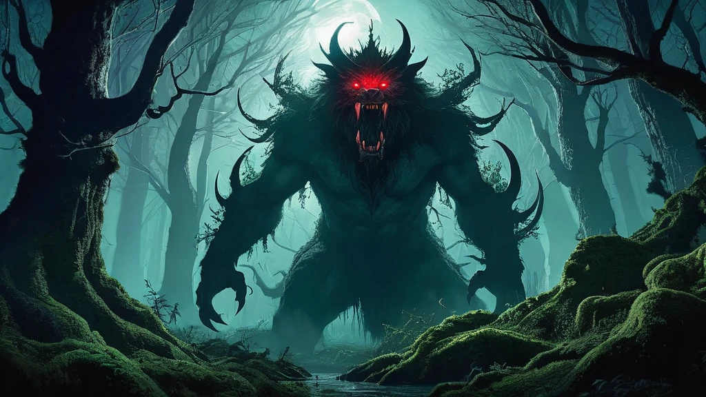 Create an eerie and captivating image of a lone lycan standing amidst a dense, ancient forest. The lycan should possess a formidable and otherworldly appearance, with glowing red eyes that pierce through the darkness. Its body is alien and monstrous, blending bestial features with subtle hints of a supernatural origin.
The forest itself should be portrayed in a dark medieval fantasy style, with towering trees twisted into gnarled shapes and tangled roots that seem to reach out like grasping claws. Moonlight filters through the thick canopy above, casting ethereal shadows and highlighting patches of moss and eerie luminescent fungi on the forest floor.
The atmosphere is thick with mystery and foreboding, as if ancient legends and dark secrets lurk within the depths of the forest. The lycan, a creature of primal instinct and unearthly power, stands as a sentinel in this realm of shadows, embodying the raw and untamed essence of the wilderness in a world where magic and darkness intertwine.