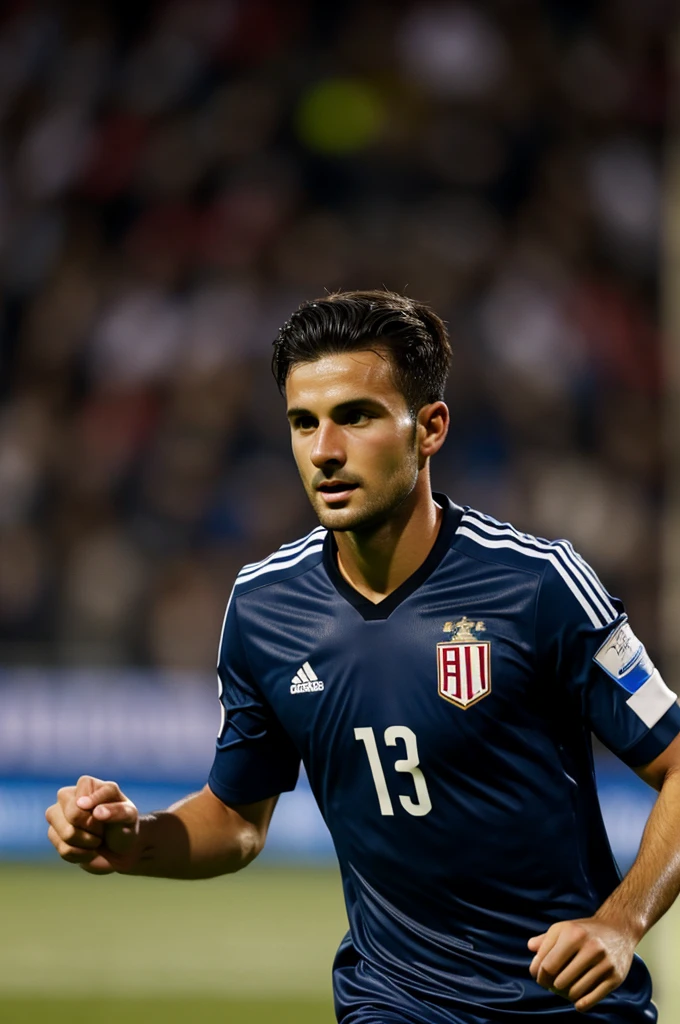 A slim, dark-haired male soccer player