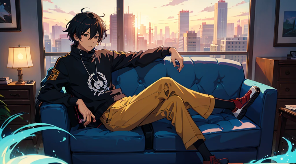 Solo, there is a brown skin black boy with brown eyes sitting on a couch with a cell phone, digital anime illustration, anime boy, artwork in the style of guweiz, looking at his phone, in an anime style, in anime style, anime lover, high quality anime artstyle, anime picture, today's featured anime still, guweiz, high quality fanart, anime artstyle