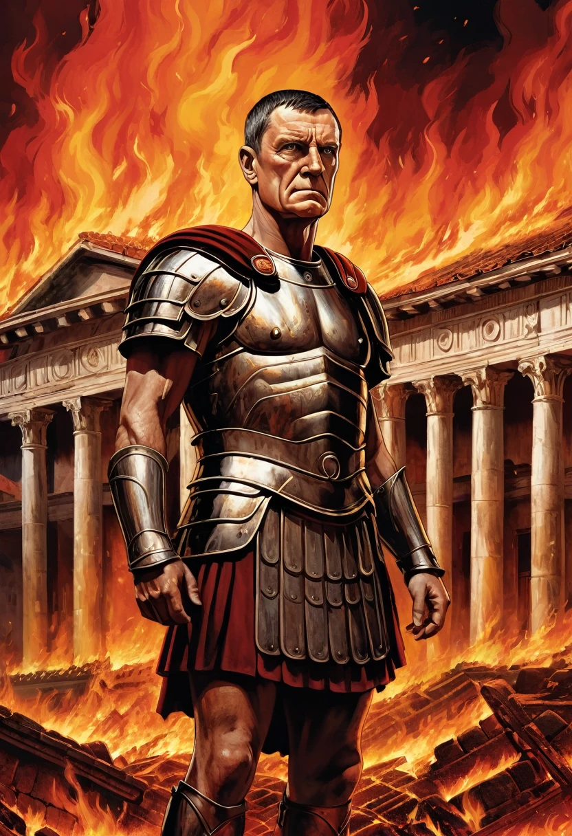 "A detailed image of Marcus Licinius Crassus standing confidently with a backdrop of a Roman house engulfed in flames, highlighting his ruthless and opportunistic nature."
Size: "1024x1024"