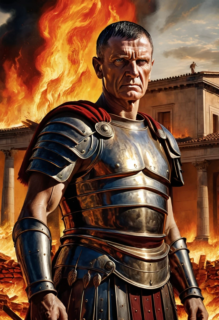 "A detailed image of Marcus Licinius Crassus standing confidently with a backdrop of a Roman house engulfed in flames, highlighting his ruthless and opportunistic nature."
Size: "1024x1024"