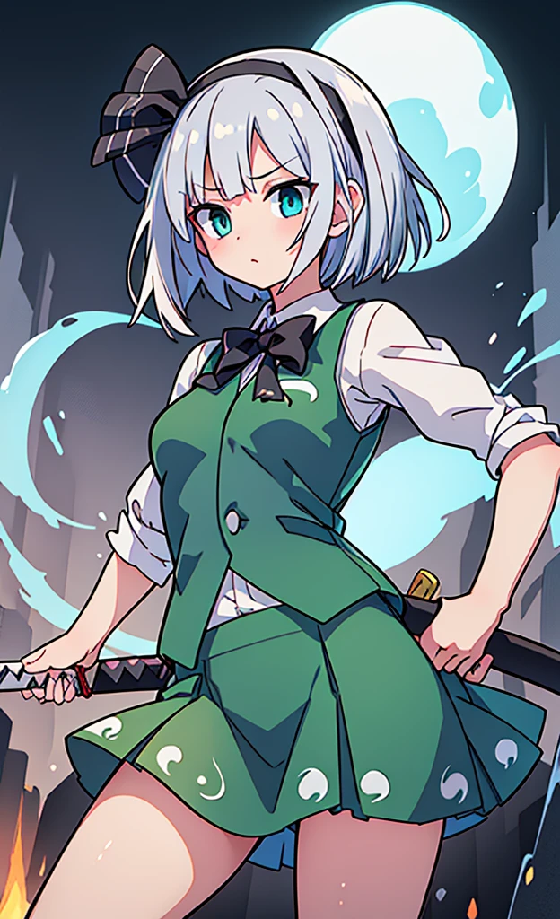 masterpiece,Highest quality,1 Girl,alone,Pokémon-like art style,(bold:1.6),(flat:1.5), Very large breasts, WHITE HAIR,SHORT HAIR,HAIR RIBBON,HAIRBAND, GREEN EYES,BOW,WHITE SHIRT,GREEN VEST,GREEN SKIRT, KONPAKU YOUMU (GHOST), SHORT_HAIR, RIBBON, HAIRBAND, BLACK_HAIRBAND, HAIR_RIBBON, BLACK_RIBBON, BANGS, WHITE_HAIR, VEST, BLUE_EYES, GREEN_VEST, SWORD, KATANA, HITODAMA, BOW, BLUSH, BLACK_BOW, GREY_HAIR, 