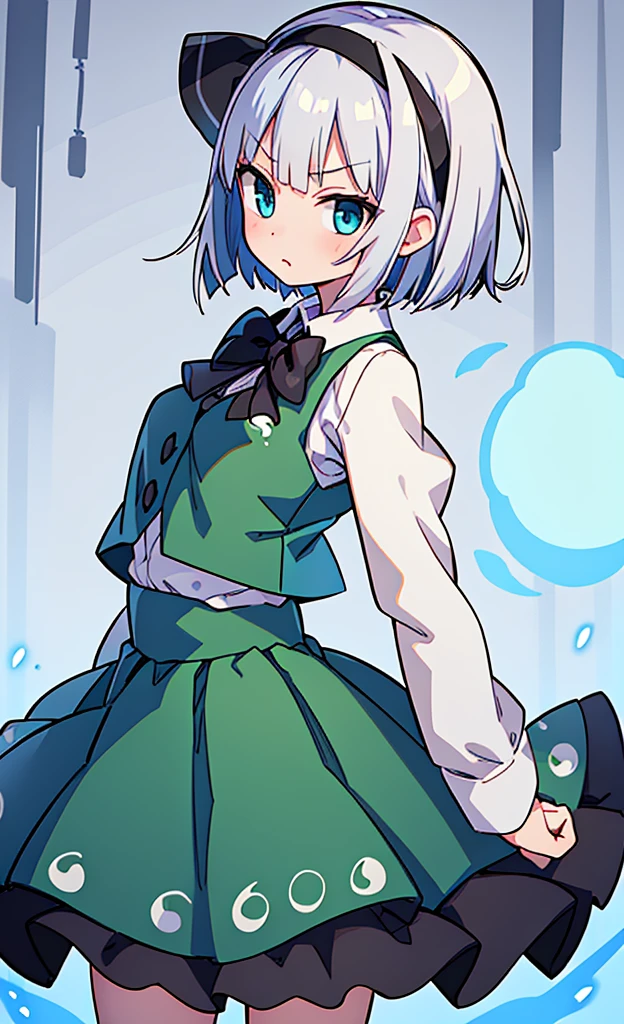 masterpiece,Highest quality,1 Girl,alone,Pokémon-like art style,(bold:1.6),(flat:1.5), Very large breasts, WHITE HAIR,SHORT HAIR,HAIR RIBBON,HAIRBAND, GREEN EYES,BOW,WHITE SHIRT,GREEN VEST,GREEN SKIRT, KONPAKU YOUMU (GHOST), SHORT_HAIR, RIBBON, HAIRBAND, BLACK_HAIRBAND, HAIR_RIBBON, BLACK_RIBBON, BANGS, WHITE_HAIR, VEST, BLUE_EYES, GREEN_VEST, SWORD, KATANA, HITODAMA, BOW, BLUSH, BLACK_BOW, GREY_HAIR, 