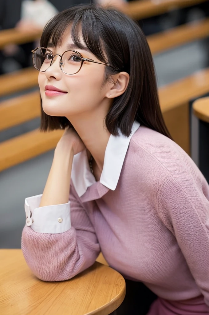 Small、University lecture hall, university psychology associate professor, ((full body)), ((photo)), ((best qualtiy, 8K, tmasterpiece:1.3)), Focus:1.2, perfect figure beautiful woman:1.41woman, cowboy shot, look at viewer, eyes facing the camera, incredibly absurd, beautiful and cute woman with a photorealistic face, showcasing top-quality craftsmanship, A Japanese woman giving a lecture at a university lecture hall, 27 years old, with a bob cut and flipped hair, short bangs swept at an angle, smooth and shiny hair, natural hairline, fair and smooth skin, plump and healthy cheeks, large, jet black eyes, round eyes, long and upward-facing eyelashes, double eyelids, thin and straight eyebrows, small and round nose, plump lips, upturned corners of the mouth, charming smile, cute face, glamorous, well-balanced proportions, tall, beautiful D-cup breasts, silver-rimmed glasses, pink blouse, black tight skirt, fashion with a waist-marked silhouette, scarf, heeled shoes, vanilla perfume, beautiful, pretty older woman, glasses suit her, knowledgeable, playful, curious, smart, elegant, November