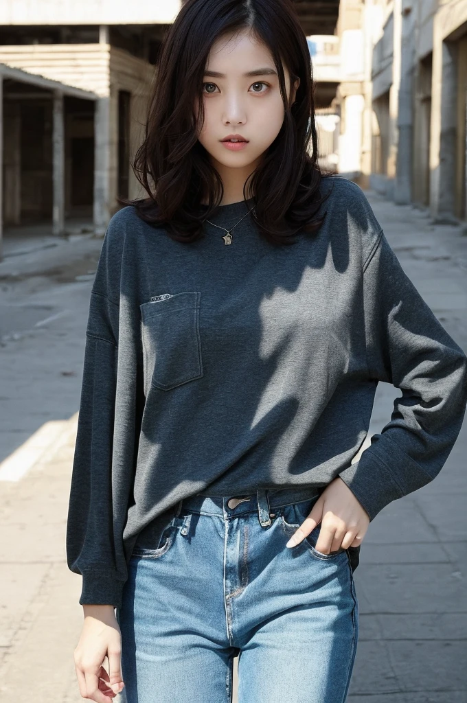 (Girl's body:Clothes that fit: detailed, Perfect Face,Big eyes、 Realistic shadows), Dark, Perfect body, Dynamic posture, Deserted urban background, (Highest quality, 超detailed, Realistic)