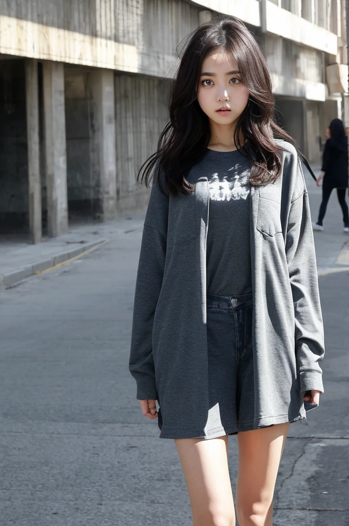 (Girl's body:Clothes that fit: detailed, Perfect Face,Big eyes、 Realistic shadows), Dark, Perfect body, Dynamic posture, Deserted urban background, (Highest quality, 超detailed, Realistic)