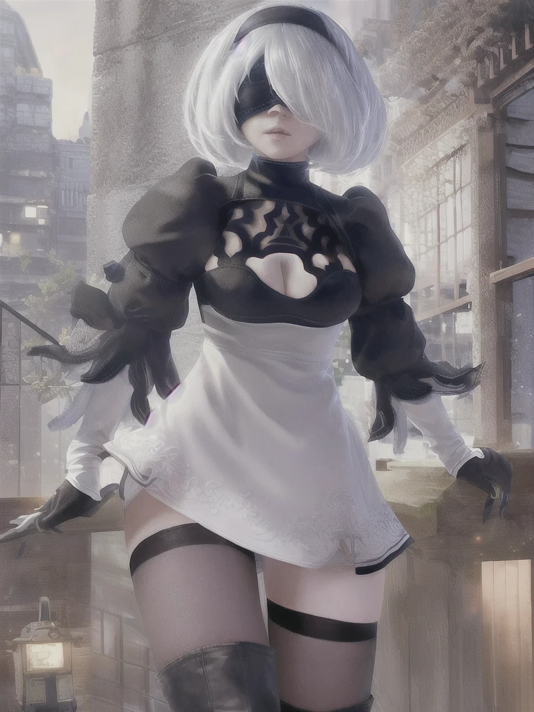 ((Highest quality)), ((masterpiece)), (detailed), One girl, sexy、(((yorha_phi._2_type_b)))、1 girl、solo、Nier Automata、Gray Hair、short hair、Blindfold、Black Dress、Black hair band、Covered Eyes、Robot Joints、Android、cyborg、Clothing cutouts、happiness、excited、profound、despair、City、ruins、Fantasy、masterpiece、Highest quality、(High Resolution)、Absurd、4K、8K、16K、Beautiful Face、Beautiful body、Symmetrical face、gorgeous、Deep Eyes、Realな陰影、amazing、Complex、非常にdetailedな、にdetailed、sharp、Smooth、sharpフォーカス、Real、
