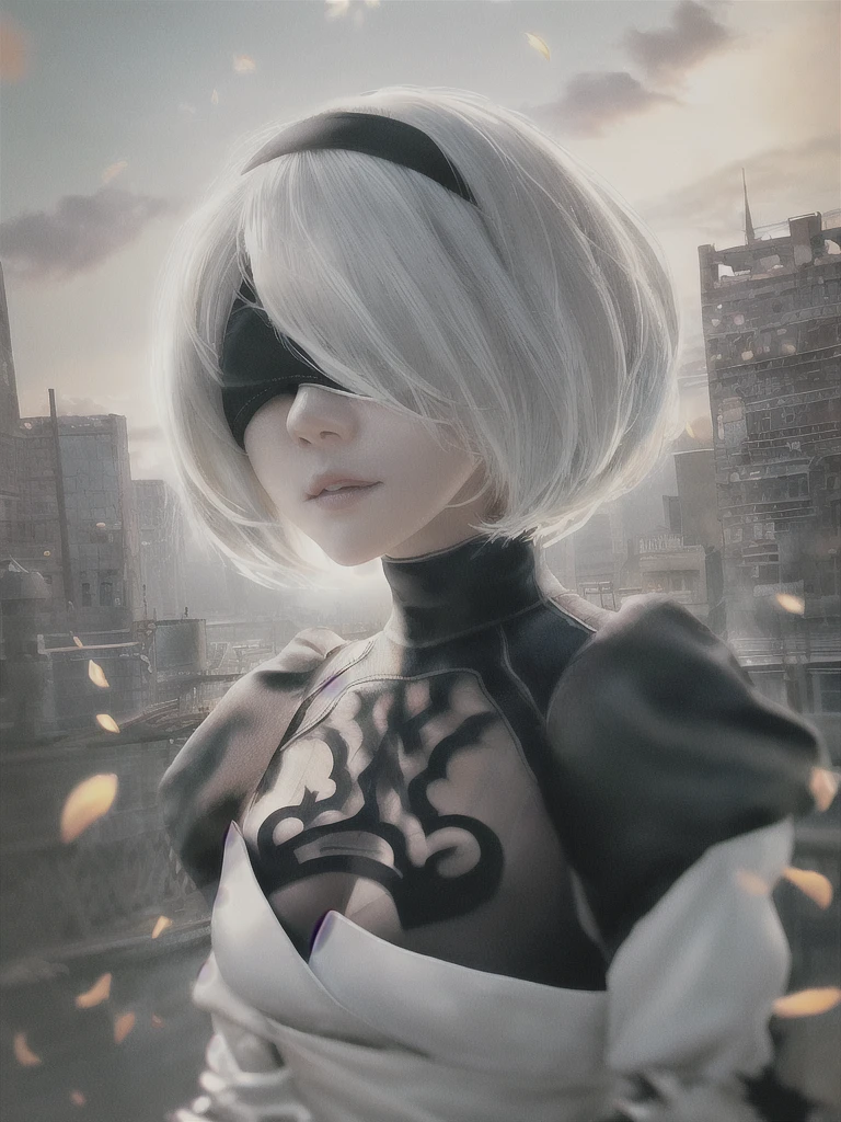 ((Highest quality)), ((masterpiece)), (detailed), One girl, sexy、(((yorha_phi._2_type_b)))、1 girl、solo、Nier Automata、Gray Hair、short hair、Blindfold、Black Dress、Black hair band、Covered Eyes、Robot Joints、Android、cyborg、Clothing cutouts、happiness、excited、profound、despair、City、ruins、Fantasy、masterpiece、Highest quality、(High Resolution)、Absurd、4K、8K、16K、Beautiful Face、Beautiful body、Symmetrical face、gorgeous、Deep Eyes、Realな陰影、amazing、Complex、非常にdetailedな、にdetailed、sharp、Smooth、sharpフォーカス、Real、