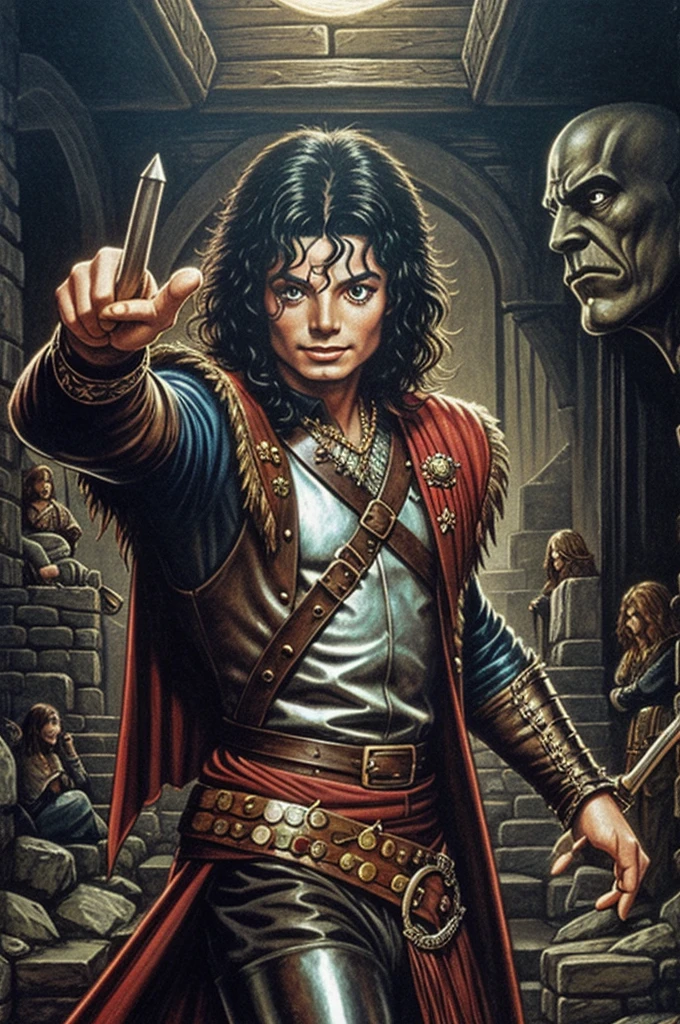 a dark fantasy 1970s dungeons and dragons style hand-drawn illustration from Michael Jackson&#39;s Ghost video clip? Michael is inside his mansion accompanied by all his ghosts 