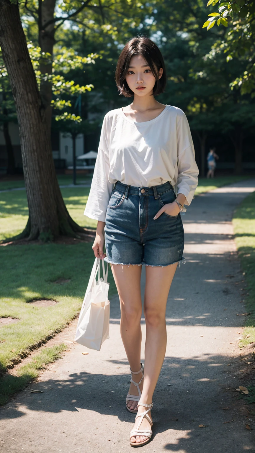 A photorealistic portrait of a 22-year-old Japanese woman with short hair a tall stature, dressed in summer clothing, full body shot, 8k hdr, highly detailed, featuring a natural, approachable expression with soft, natural lighting in a park setting.