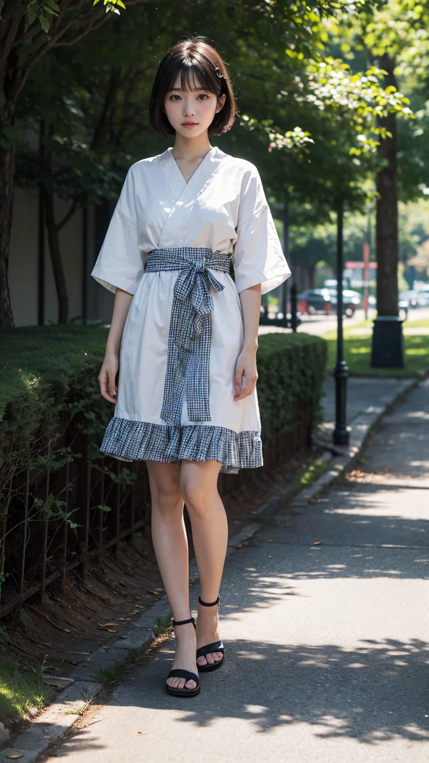 A photorealistic portrait of a 22-year-old Japanese woman with short hair a tall stature, dressed in summer clothing, full body shot, 8k hdr, highly detailed, featuring a natural, approachable expression with soft, natural lighting in a park setting.