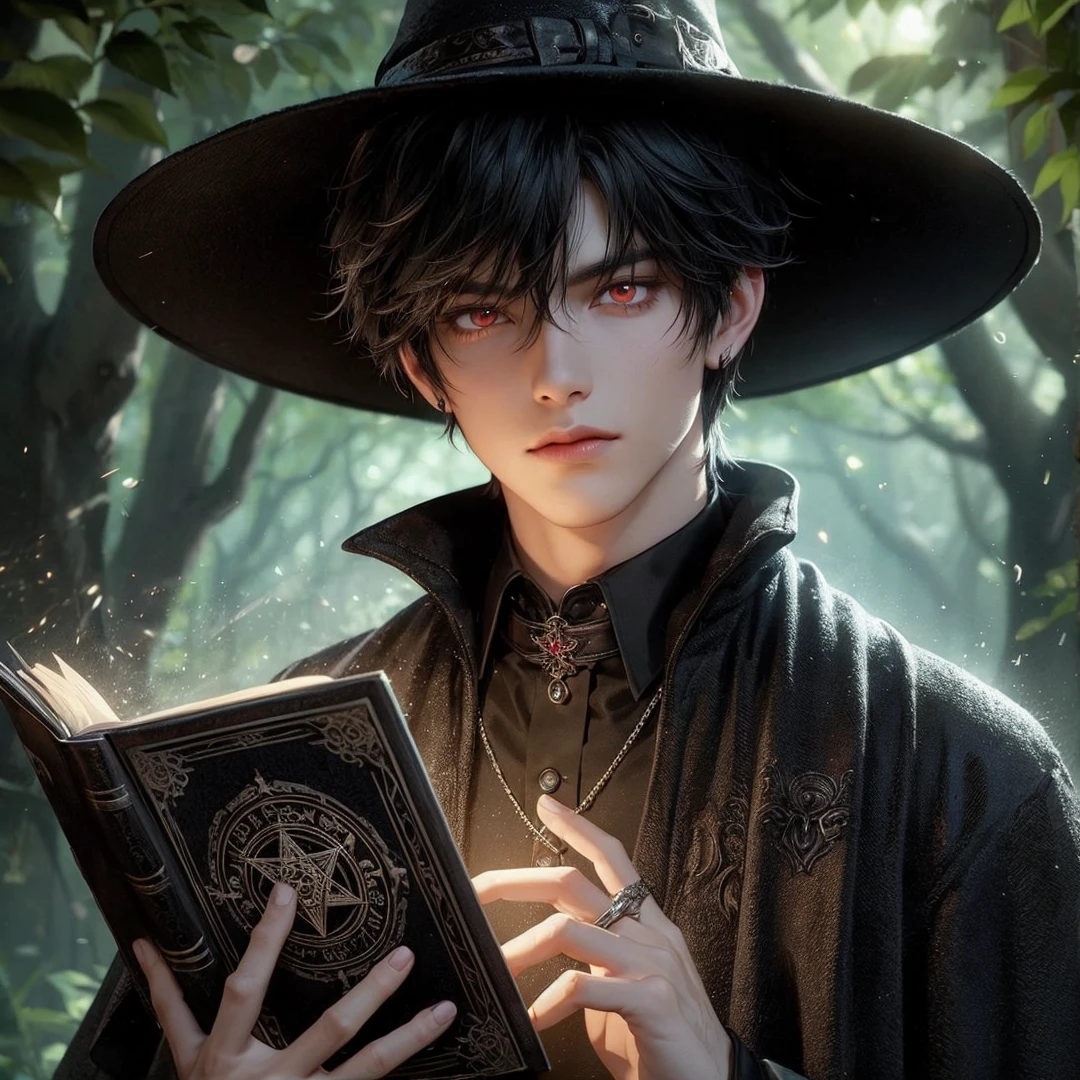 Handsome boy, black hair, red eyes, wearing black witch hat, wearing black witch clothes, holding a black magic book, magic forest background