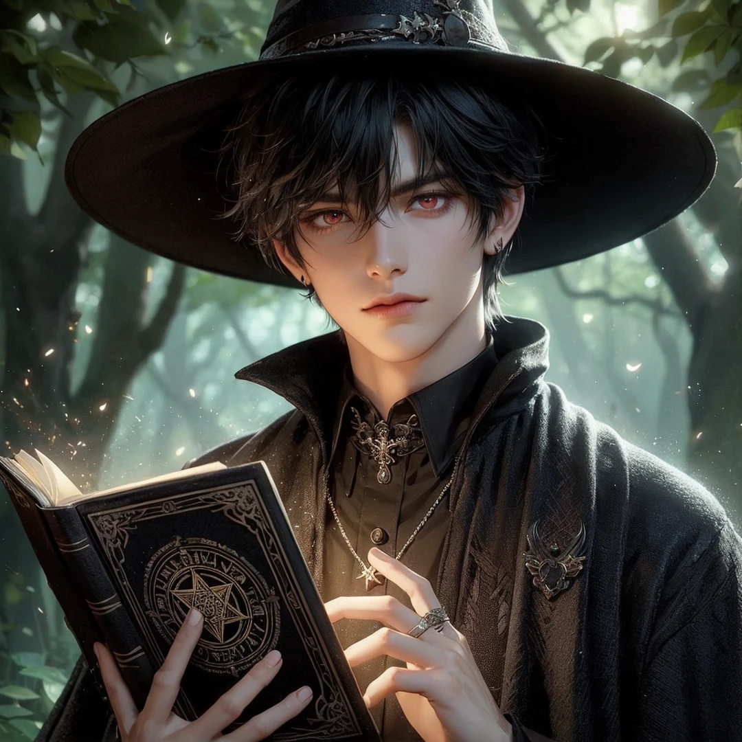 Handsome boy, black hair, red eyes, wearing black witch hat, wearing black witch clothes, holding a black magic book, magic forest background