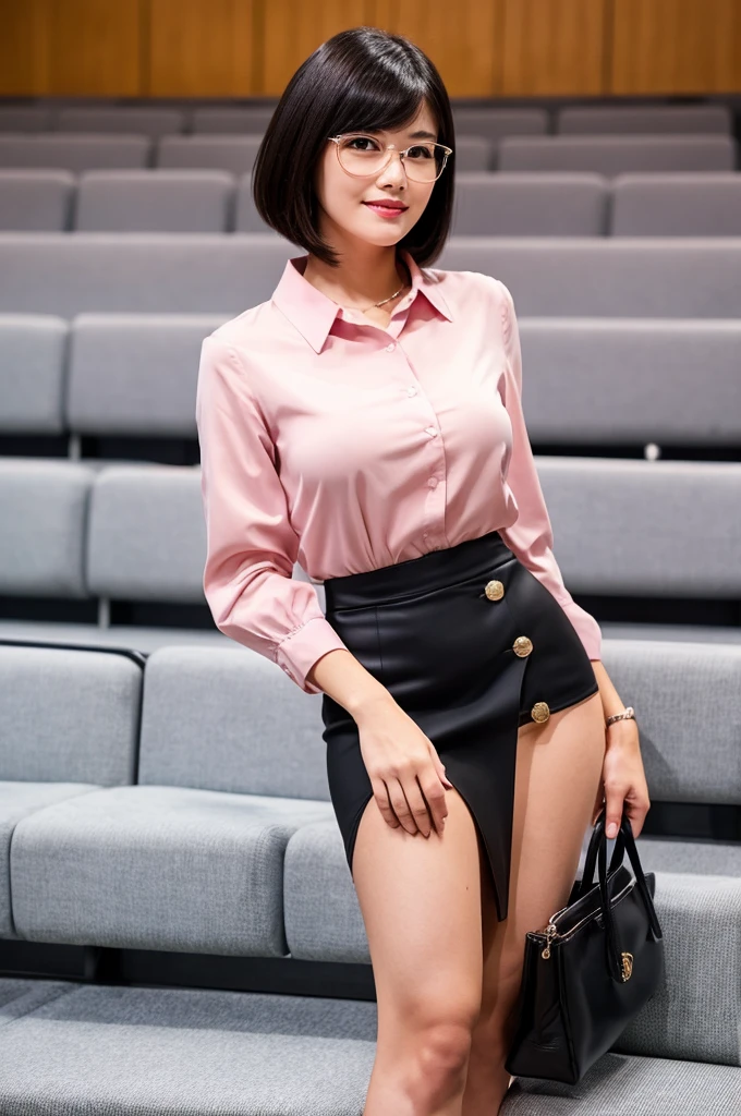 The charm of a sexy adult woman、University lecture hall, university psychology associate professor, ((full body)), ((photo)), ((best qualtiy, 8K, tmasterpiece:1.3)), Focus:1.2, perfect figure beautiful woman:1.41woman, cowboy shot, look at viewer, eyes facing the camera, incredibly absurd, beautiful and cute woman with a photorealistic face, showcasing top-quality craftsmanship, A Japanese woman giving a lecture at a university lecture hall, 27 years old, with a bob cut and flipped hair, short bangs swept at an angle, smooth and shiny hair, natural hairline, fair and smooth skin, plump and healthy cheeks, large, jet black eyes, round eyes, long and upward-facing eyelashes, double eyelids, thin and straight eyebrows, small and round nose, plump lips, upturned corners of the mouth, charming smile, cute face, glamorous, well-balanced proportions, tall, beautiful D-cup breasts, silver-rimmed glasses, pink blouse, black tight skirt, fashion with a waist-marked silhouette, scarf, heeled shoes, vanilla perfume, beautiful, pretty older woman, glasses suit her, knowledgeable, playful, curious, smart, elegant, November