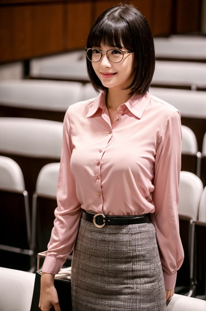The charm of a sexy adult woman、University lecture hall, university psychology associate professor, ((full body)), ((photo)), ((best qualtiy, 8K, tmasterpiece:1.3)), Focus:1.2, perfect figure beautiful woman:1.41woman, cowboy shot, look at viewer, eyes facing the camera, incredibly absurd, beautiful and cute woman with a photorealistic face, showcasing top-quality craftsmanship, A Japanese woman giving a lecture at a university lecture hall, 27 years old, with a bob cut and flipped hair, short bangs swept at an angle, smooth and shiny hair, natural hairline, fair and smooth skin, plump and healthy cheeks, large, jet black eyes, round eyes, long and upward-facing eyelashes, double eyelids, thin and straight eyebrows, small and round nose, plump lips, upturned corners of the mouth, charming smile, cute face, glamorous, well-balanced proportions, tall, beautiful D-cup breasts, silver-rimmed glasses, pink blouse, black tight skirt, fashion with a waist-marked silhouette, scarf, heeled shoes, vanilla perfume, beautiful, pretty older woman, glasses suit her, knowledgeable, playful, curious, smart, elegant, November