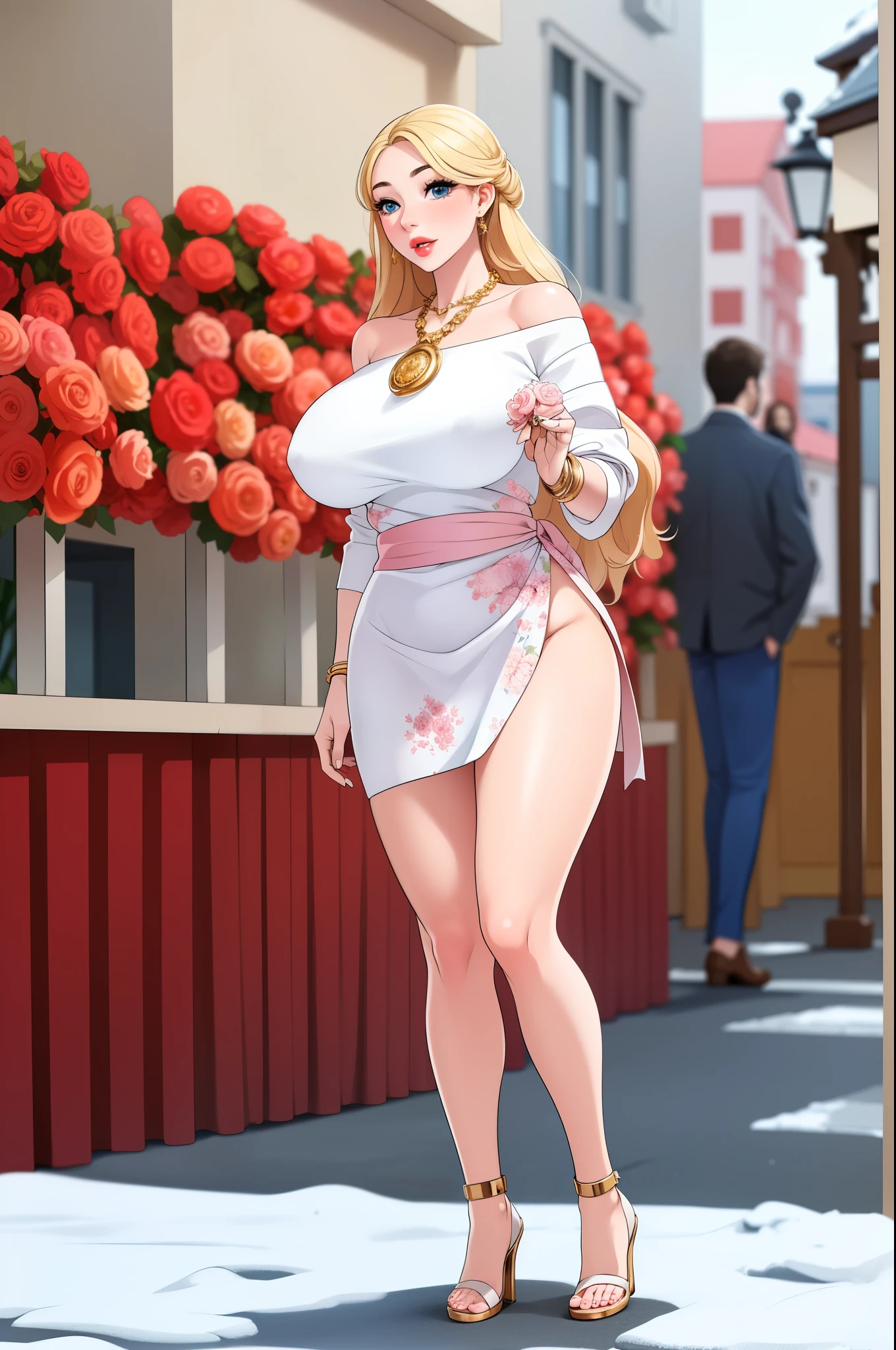 An extremely beautiful stunning woman with a perfect busty body, gold blonde long silky hair, big blue eyes, extremely super bright snow white fair stunning flawless glowing lush shiny flawless white skin, a perfect tight hourglass figure, and a skinny waist, sexy thick smooth luscious legs and thighs, extremely cute smile on the face, bright pink blushes on cheeks, wearing a short sexy tight revealing white floral dress along with a pink sash around the waist and a brown off-shoulder sweater, yellow heels, gold necklace on the neck, gold anklets on feet, gold chain on the waist, standing straight, holding a red roses bouquet, street in the background, show full body from head to feet.