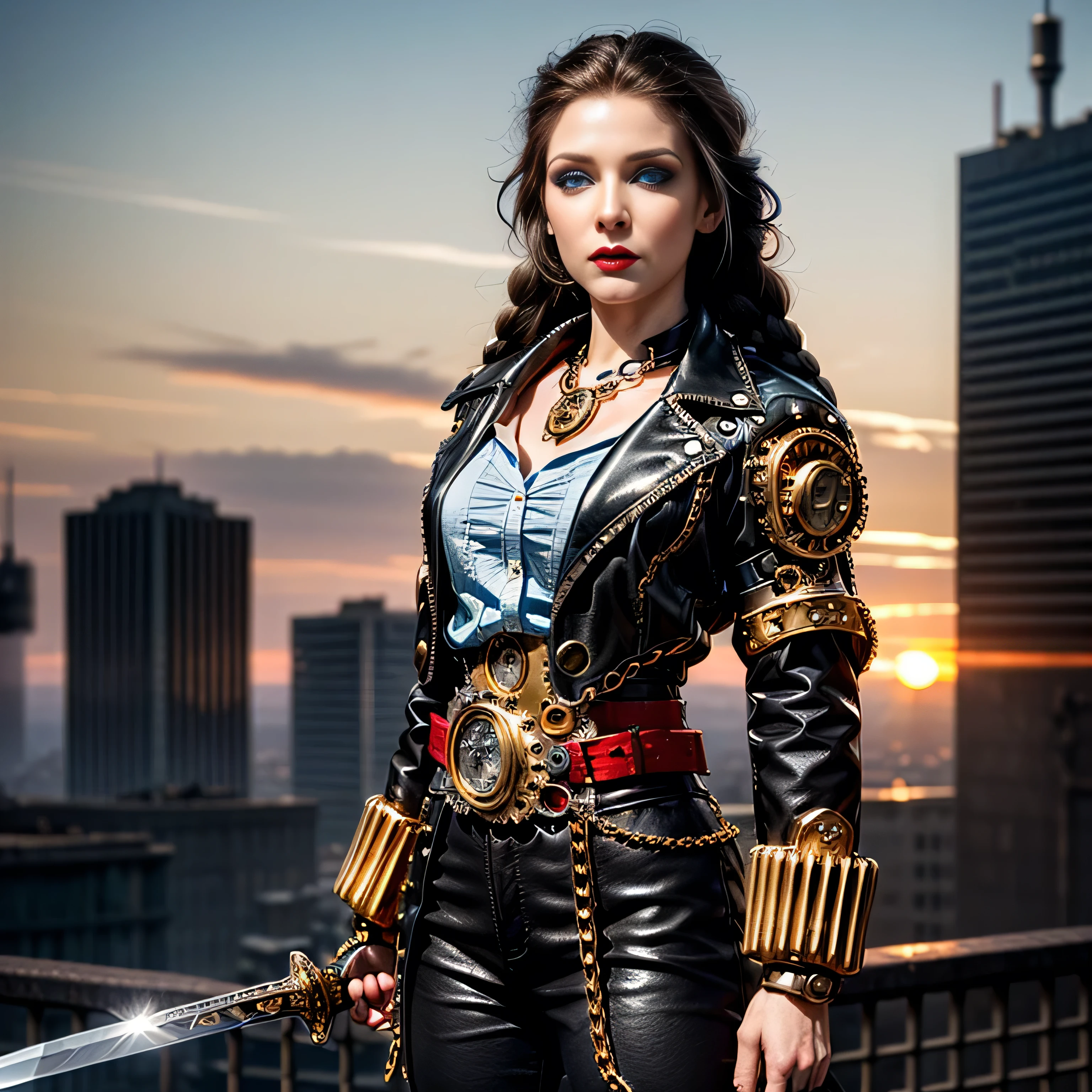 ((masterpiece, photorealistic:1.4, extremely intricate:1.3, photon mapping, radiosity, physically based rendering, ultra resolution, hyper-realistic, photorealistic:1.4, hyper-realistic, 8K)), (((athletic female assassin, long straight side braids, windy [black hair:bright ginger hair:0.7], (([flat chest:medium breasts:0.8], (serrated sword))), ((makeup:1.2, perfectchainmail, gold steampunk, black jacket, clockwork belt), red lips, bright sunlight, sunset, red silk shirt)))), outdoors, metal reflections, ((((futuristic apocalyptic city destroyed)))), professional photograph, soft focus, dramatic, award winning, cinematic lighting, volumetrics (film grain, blurry background, blurry foreground, bokeh, depth of field), BREAK, (([clear eyes:blue eyes:0.4]))
