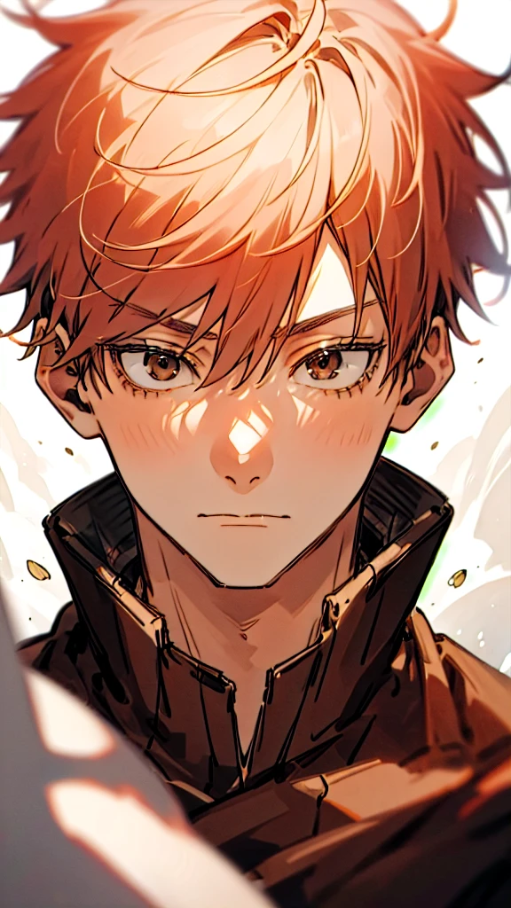 1 man,portrait,Satoru Gojo,pale red hair,short hair,hair between eyes,Brown eyes,black eyelashes, relaxed facial expression