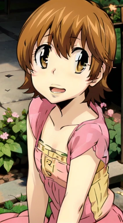 kyoko1, 1girl, short hair, brown hair, pink striped dress, brown eyes, Masterpece, look at the views,Masterpece, ((masterpiece: 1.2)), smling, open mouth, garden, outdoors, head band, 