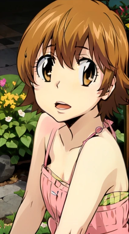 kyoko1, 1girl, short hair, brown hair, pink striped dress, brown eyes, Masterpece, look at the views,Masterpece, ((masterpiece: 1.2)), smling, open mouth, garden, outdoors, head band, 