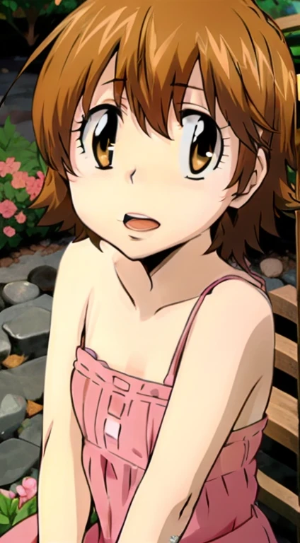 kyoko1, 1girl, short hair, brown hair, pink striped dress, brown eyes, Masterpece, look at the views,Masterpece, ((masterpiece: 1.2)), smling, open mouth, garden, outdoors, head band, 